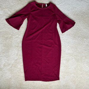 Burgundy Fitted Ruffle Sleeve Maternity Dress